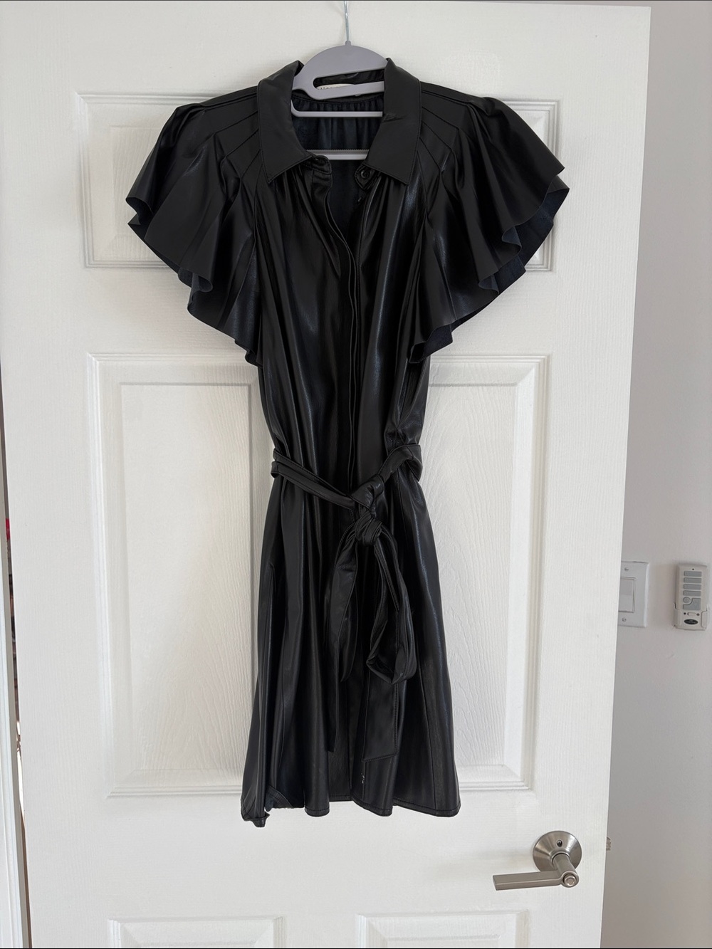 Alice + Olivia Black Faux-Leather Ruffle-Sleeve Shirtdress with Tie Waist